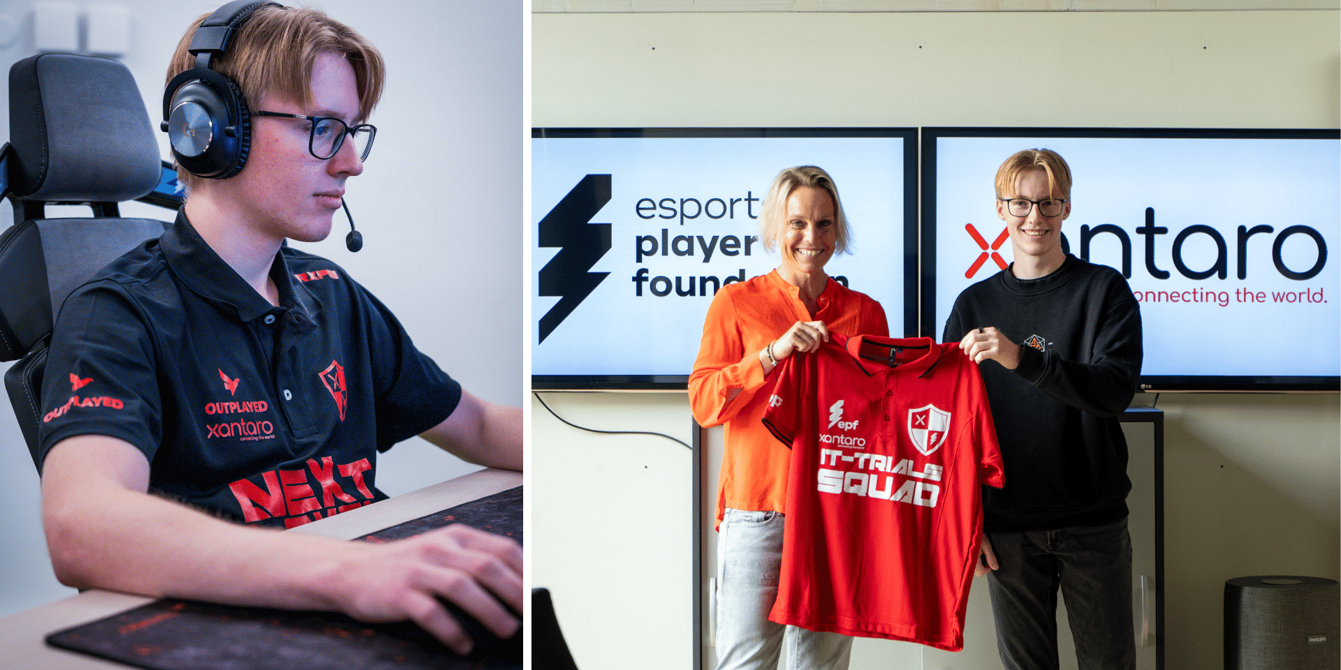 LasseLorenzXantaroIT-Trials Der Esports Spieler Lasse Lorenz bei der Unterzeichnung und Trikotübergabe für seine Mitgliedschaft und Teilnahme bei den Xantaro IT-Trials. Im Hintergrund sind die Logos der esports player foundation und von Xantaro zu sehen.