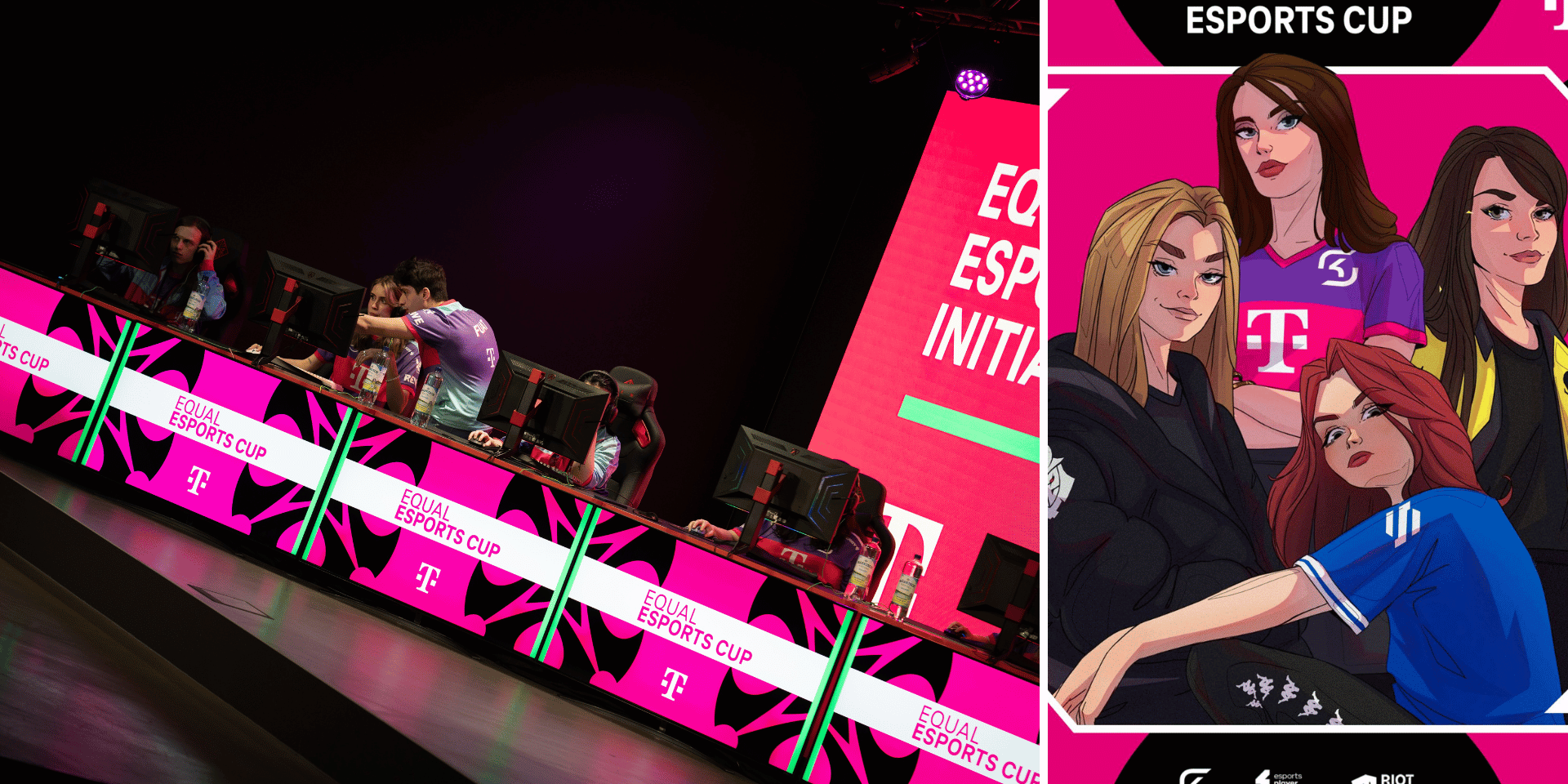 Equal eSports Cup 2024 Start Spielerinnen des Equal eSports Cup und Ankündigungsgraphik in magentafarben mit Zeichnungen verschiedener Spielerinnen des Equal eSport Cup, darunter Logos von Riot Games, esports player foundation und SK Gaming