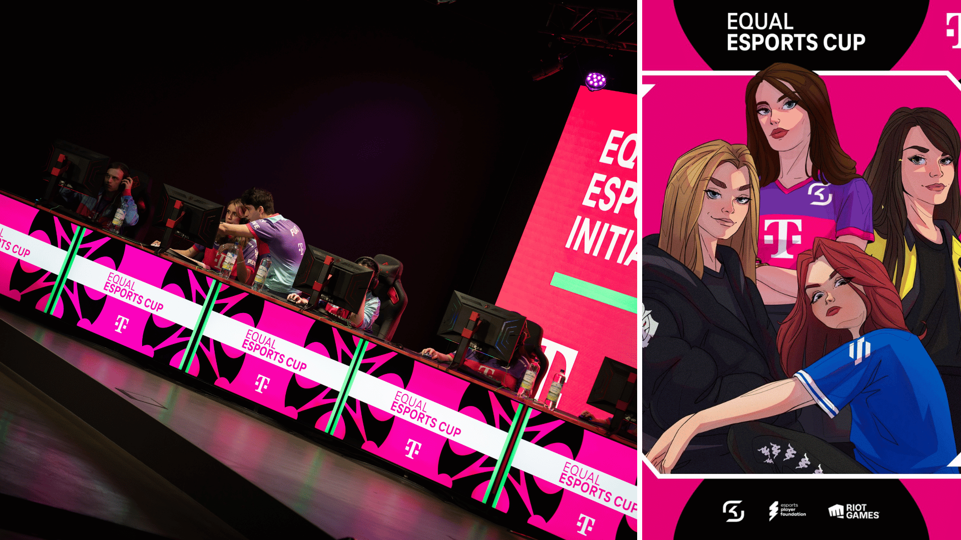 Spielerinnen des Equal eSports Cup und Ankündigungsgraphik in magentafarben mit Zeichnungen verschiedener Spielerinnen des Equal eSport Cup, darunter Logos von Riot Games, esports player foundation und SK Gaming