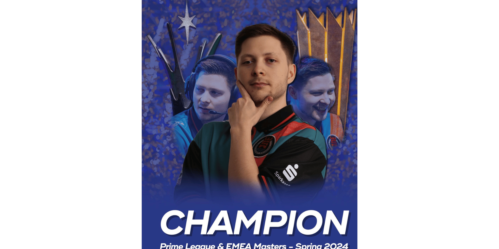 Philipp Lilipp Englert Eintracht Spandau Spieler EMEA Masters Zu sehen sind drei Bilder von Philipp Englert, Gamertag Lilipp, Spieler bei Eintracht Spandau und Gewinner der EMEA Masters. Lilipp wird von der esports player foundation gefördert und auf seinem Trikot sind das Eintracht Spandau Wappen, sowie das Sparkassen Logo zu sehen. Der Hintergrund ist blau und im Subtext steht: Champion Prime League & EMEA Masters - Spring 2024