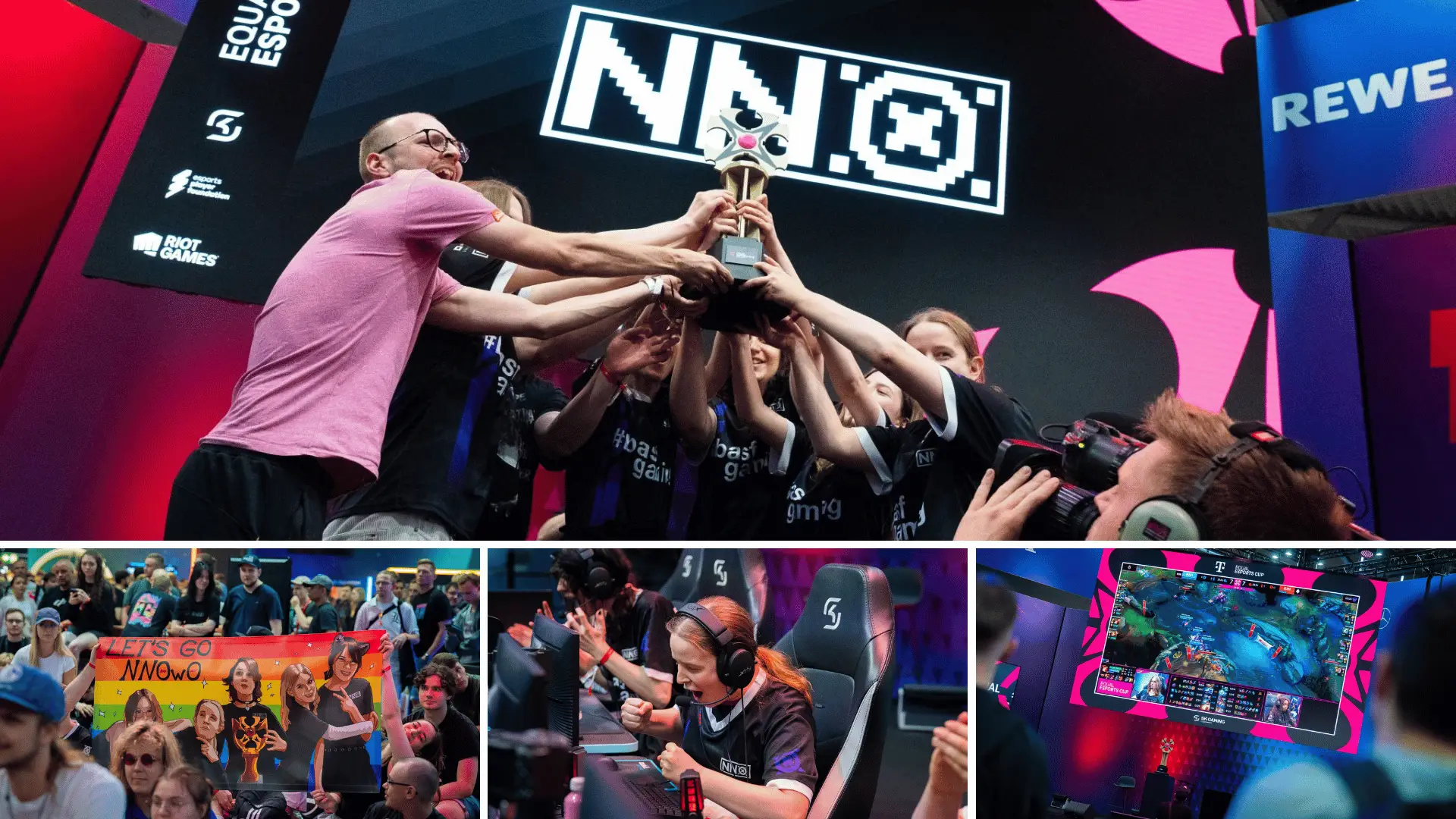 Spielerinnen des Esports Teams NNOwO halten den Equal eSports Cup Pokal in die Höhe und jubeln. Im Publikum halten Fans Plakate mit dem NNOwO Aufdruck in die Höhe und beobachten die Leinwand, auf welcher der Equal eSports Cup und League of Legends übertragen werden.