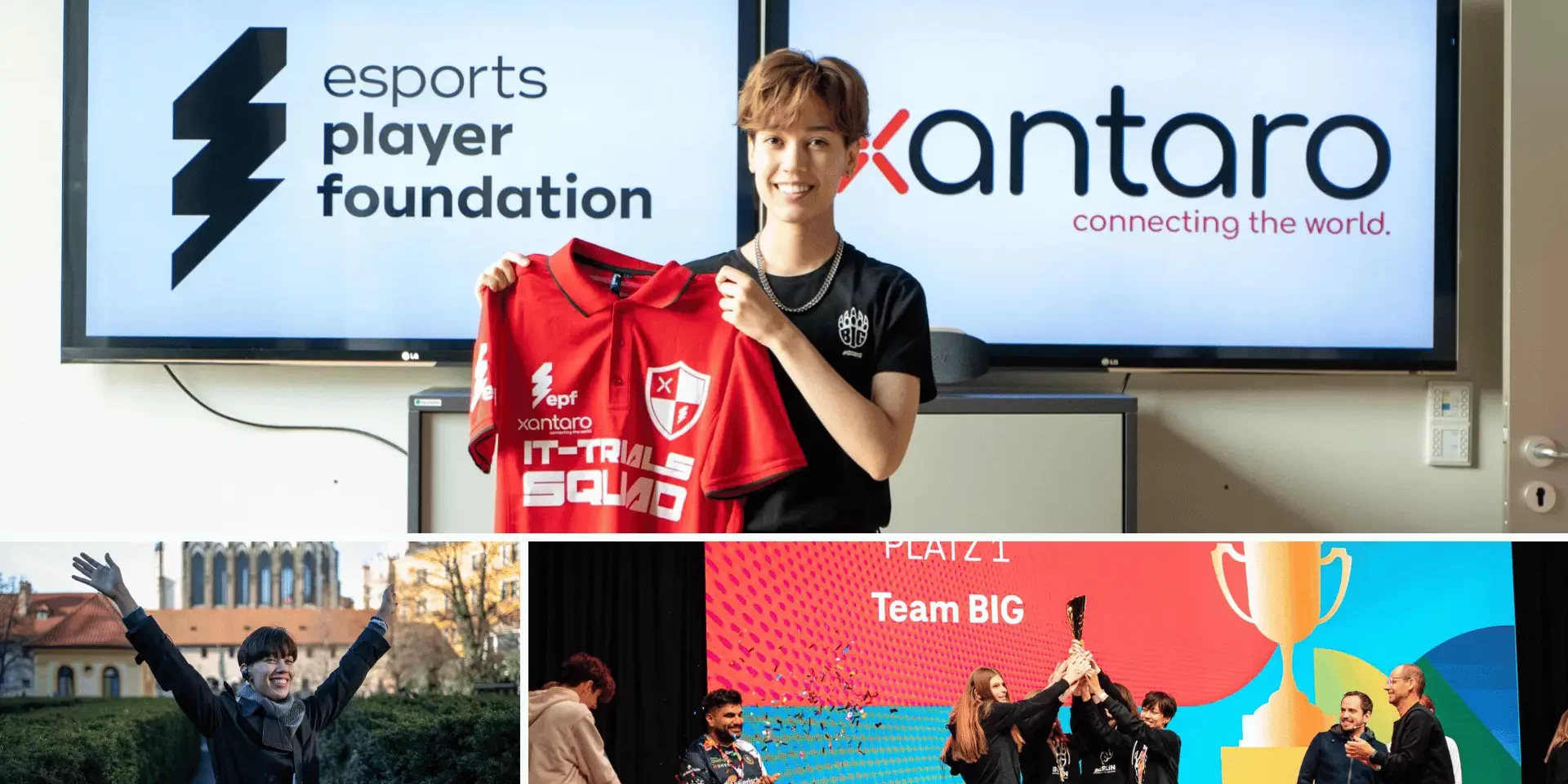 Das IT-Trial Mitglieder Miki Maurer hält ein Trikot der Xantaro IT-Trials hoch, während er vor den Logos der esports player foundation und Xantaro steht. Miki Maurer ist zu sehen, wie er den Equal eSports Cup auf dem Equal eSports Festival 2023 mit Berlin International Gaming kurz BIG gewonnen hat.