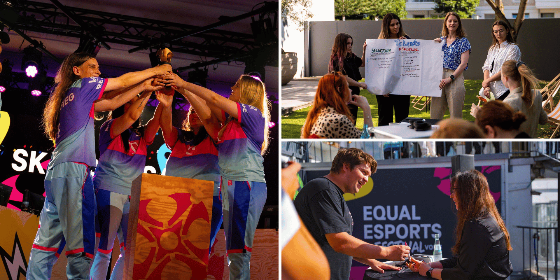 Equal eSports Initiative Rückblick Spielerinnen der Equal eSports Initiative halten den Equal eSports Cup Pokal, das Turnier der Equal eSports Initiative in die Höhe, ebenso schütteln Fans dem Influencer Noway4u die Hand auf dem Equal eSports Festival und die Mitgliederinnen des Equal eSports Councils stellen neue Pläne und die Ideen im Garten der Julia Stoschek Foundation Düsseldorf zur Equal eSports Initiative vor.