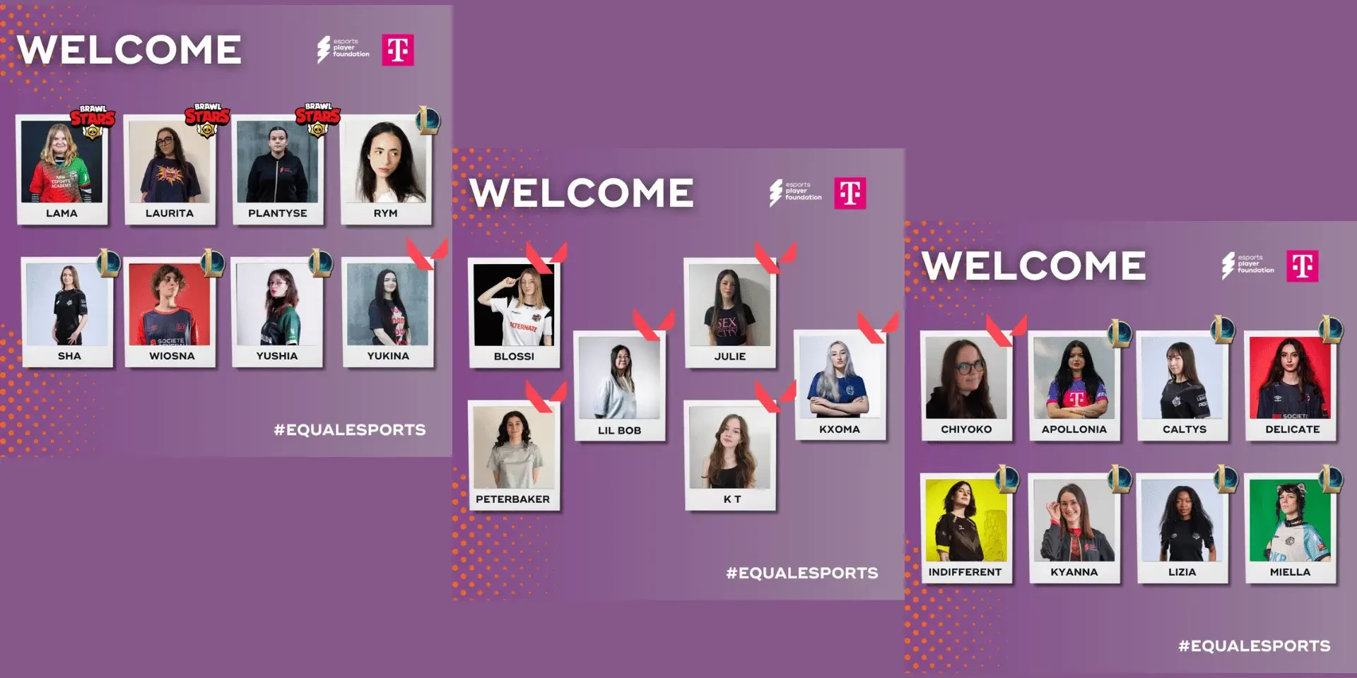 Equal eSports Talent-Förderung Spielerinnen Die Esports Stipendiatinnen der Equal eSports Talent-Förderung für die Equal eSports Talent-Förderung 2024 sind auf kleinen Graphiken zu sehen neben dem Logo der Telekom und der Schrift Equal eSports Talents -Förderung.