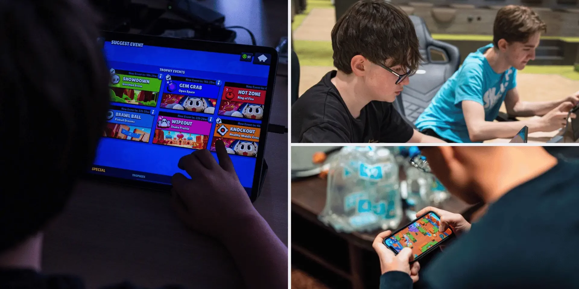 Brawl Stars Elternguide Brawl Stars Esports Spieler, sitzen vor Mobiltelefonen und spielen Brawl Stars, die Bilder zeigen Kinder, welche von einem Brawl Stars Elternguide profitieren könnten.