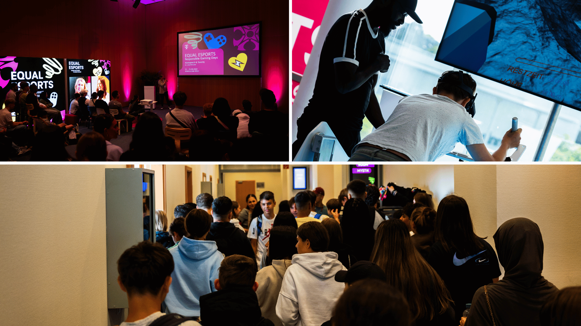 Schülerinnen und Schüler besuchen die Responsible Gaming Days 2024 und lernen in Vorträgen mehr über Responsible Gaming. Die Räume sind im Farbschema von Responsible Gaming eingeleuchtet und dekoriert.