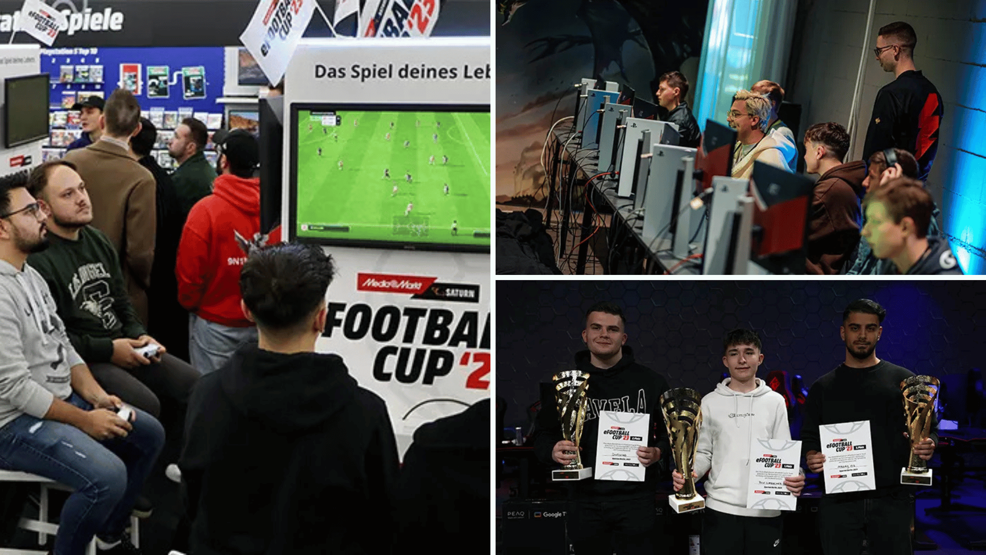 EA FC Spieler nehmen am Next Gen Cup von MediaMarkt Saturn teil. Im rechten Bild sind die Gewinner des MediaMarkt Saturn Next Gen Cup 2023 zu sehen. Im rechten Bild oben sind EA FC Spieler zu sehen wie sie von einem Esports Coach der esports player foundation trainiert werden.
