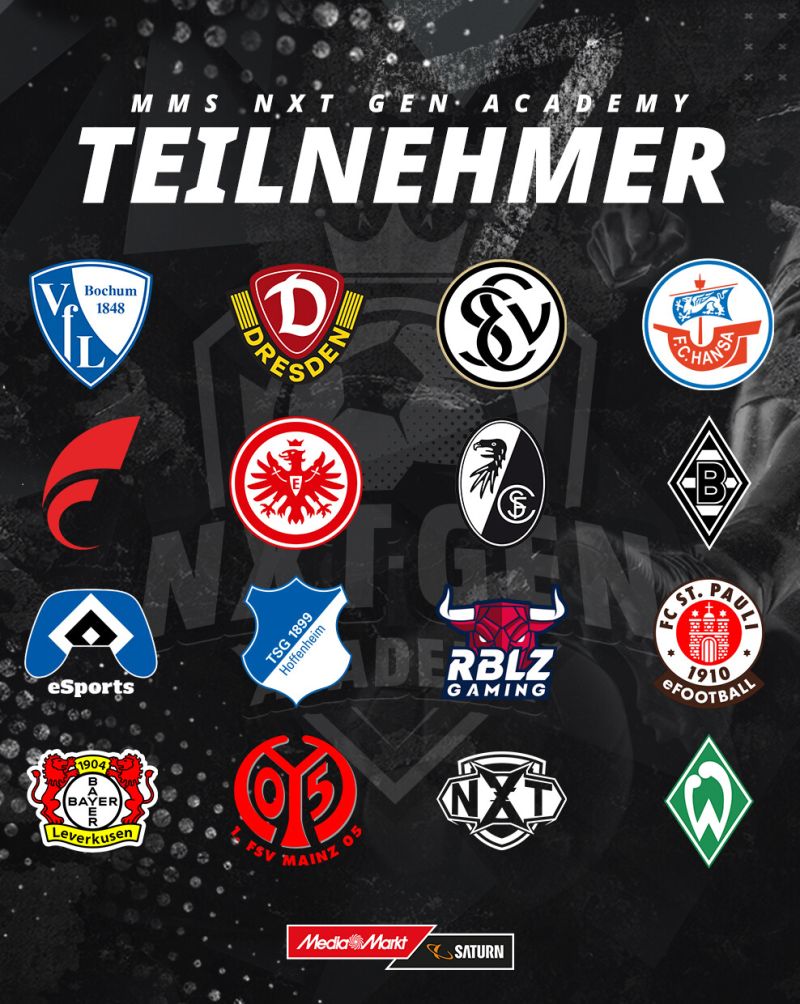 Übersicht der teilnehmenden Clubs der MMS NXT Gen Academy - Abgebildet werden die Logos der Proficlubs wie Eintracht Frankfurt, Bayer Leverkusen oder Dynamo Dresden