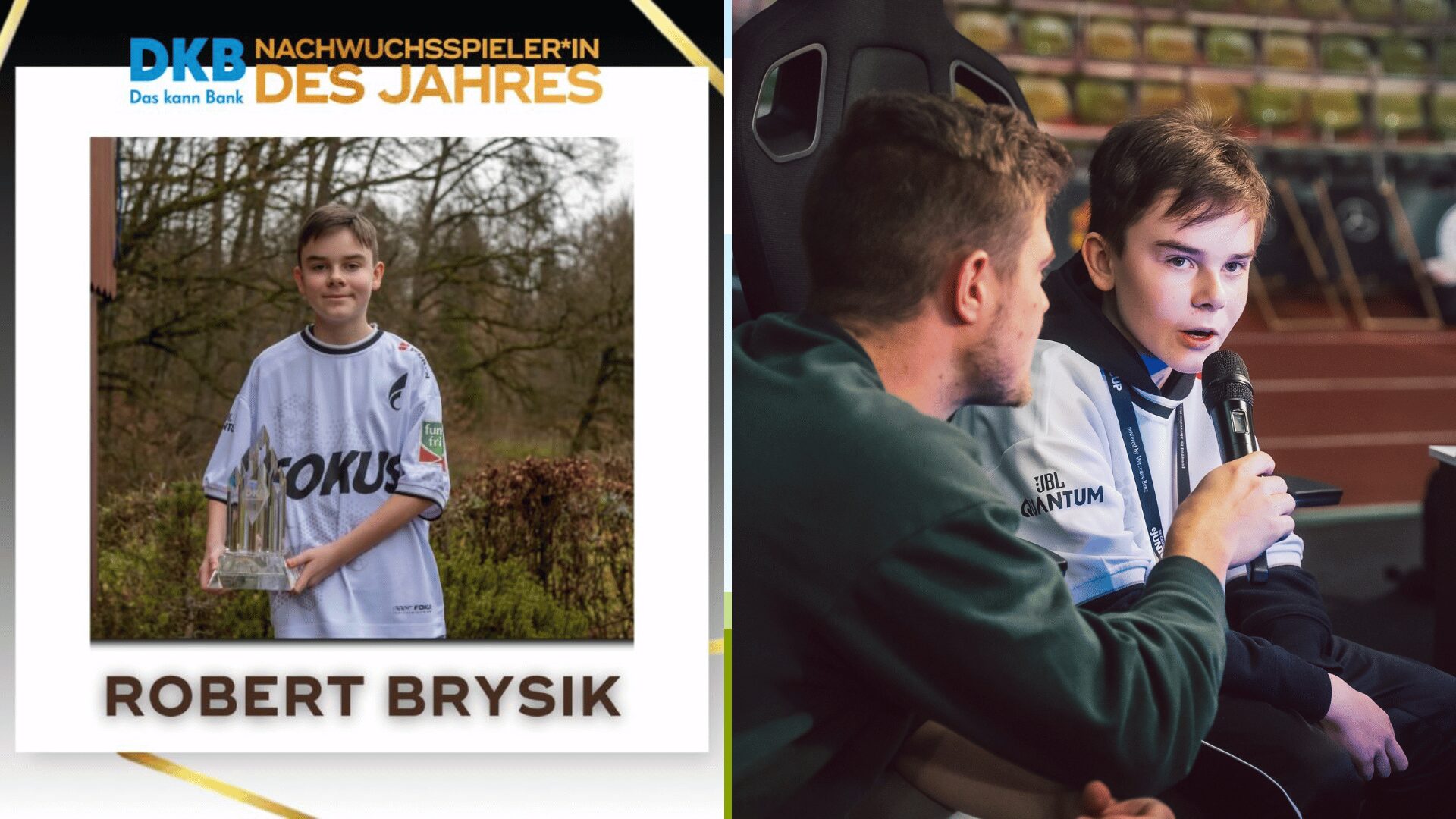 Robert Brysik DKB Esports Nachwuchsspieler des Jahres 2024 hält den Pokal in seinen Händen und wird interviewt.