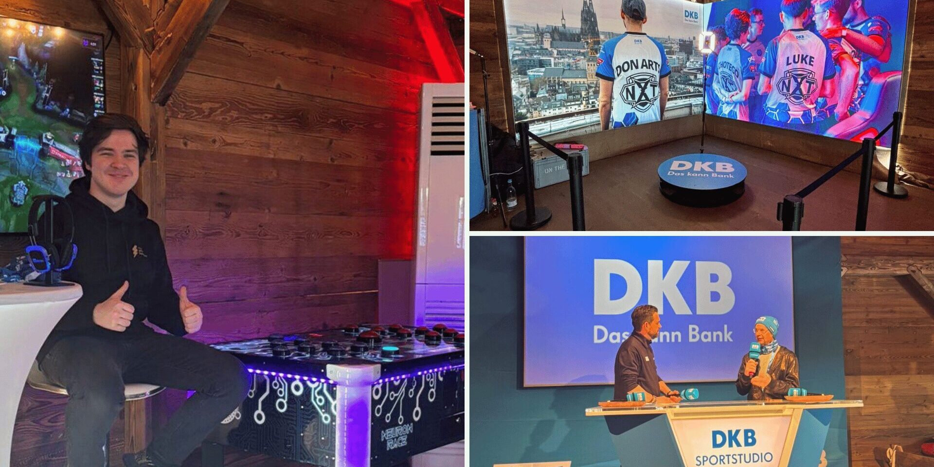 Biathlon x Esports Esports Spieler von DKB XPERION NXT beim Biathlon Weltcup in Oberhof. Vor dem blauen DKB Logo wird über Esports und Biathlon gesprochen.