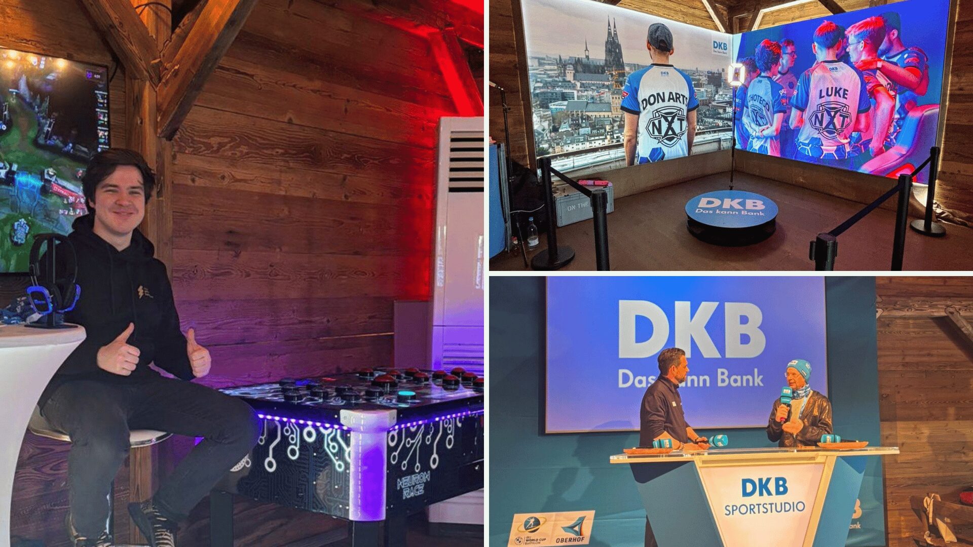 Esports Spieler von DKB XPERION NXT beim Biathlon Weltcup in Oberhof. Vor dem blauen DKB Logo wird über Esports und Biathlon gesprochen.