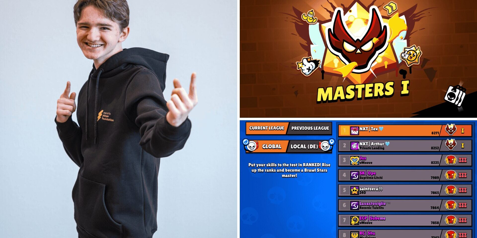 Arthur – Weltranglistenplatz 1 in Brawl Stars Multipic: links Arthur im Halbformat, oben rechts ein Bild mit dem Masters Rang & eine Übersicht mit den 10 besten Spielern der Welt