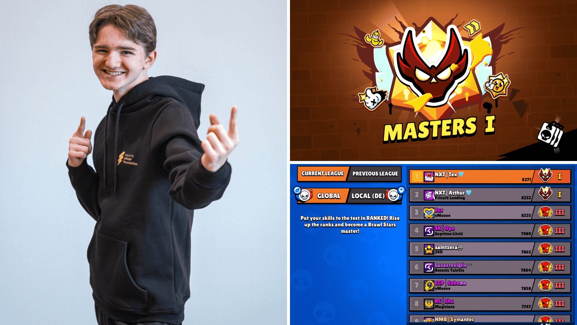 Multipic: links Arthur im Halbformat, oben rechts ein Bild mit dem Masters Rang & eine Übersicht mit den 10 besten Spielern der Welt