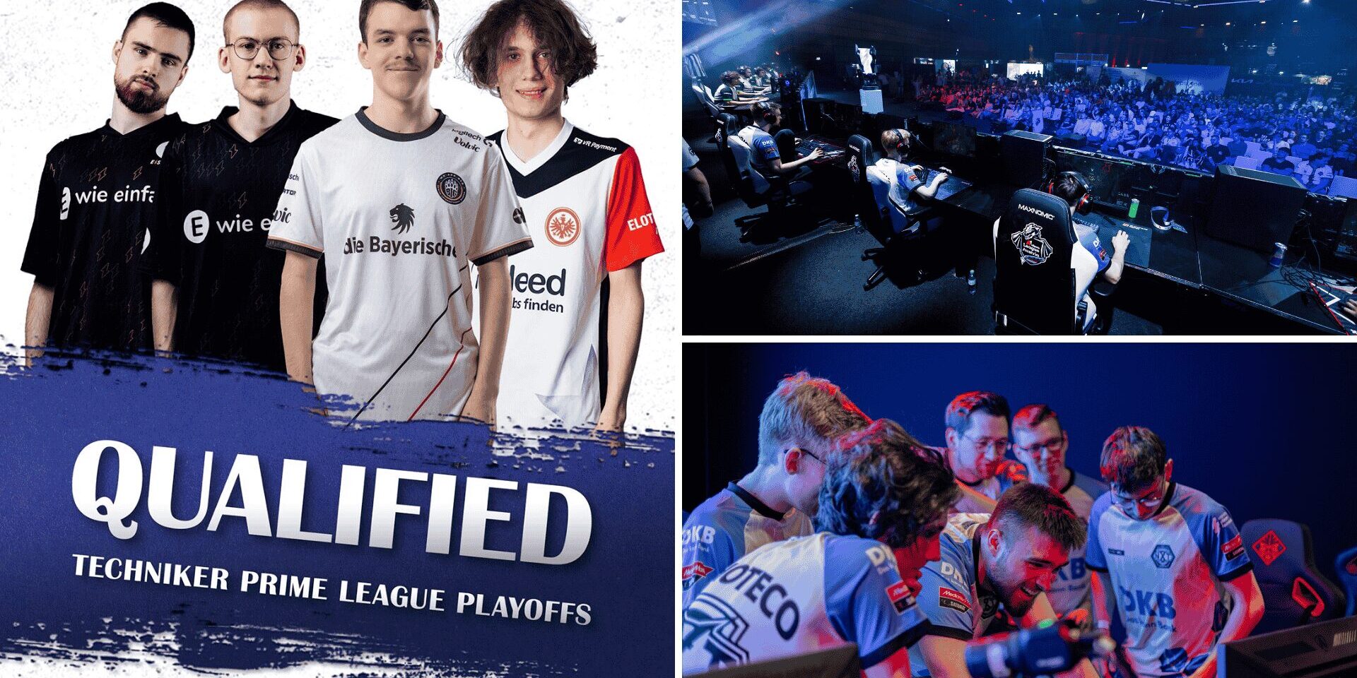 Multipic, das alte Bilder des DKB Teams beim A1 Esports Festival vor 20.000 Zuschauern zeigt, das alte DKB Team, wie es auf einen Monitor schaut & die 4 Spieler, die aktuell in der ersten Liga spielen