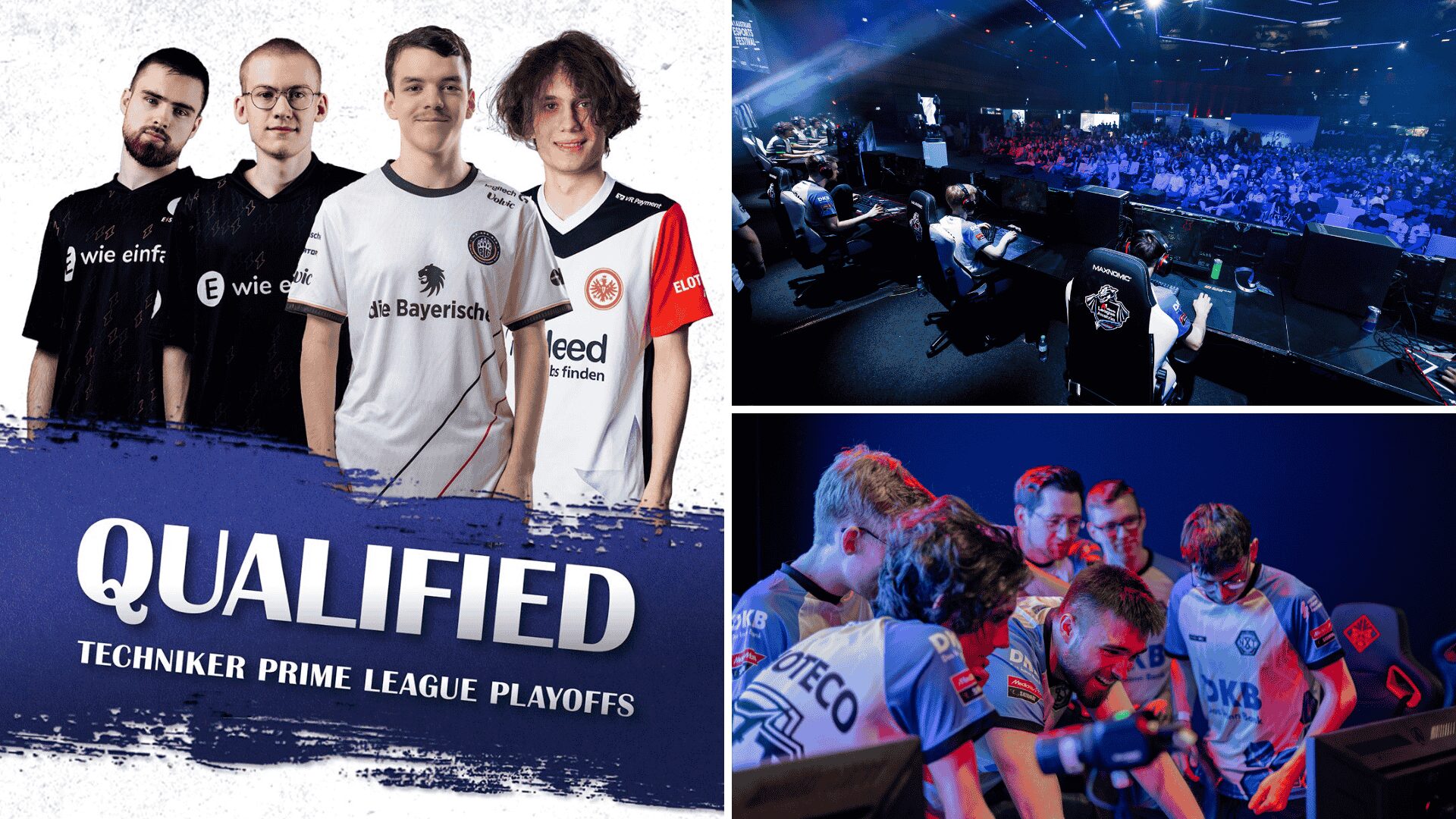 Multipic, das alte Bilder des DKB Teams beim A1 Esports Festival vor 20.000 Zuschauern zeigt, das alte DKB Team, wie es auf einen Monitor schaut & die 4 Spieler, die aktuell in der ersten Liga spielen
