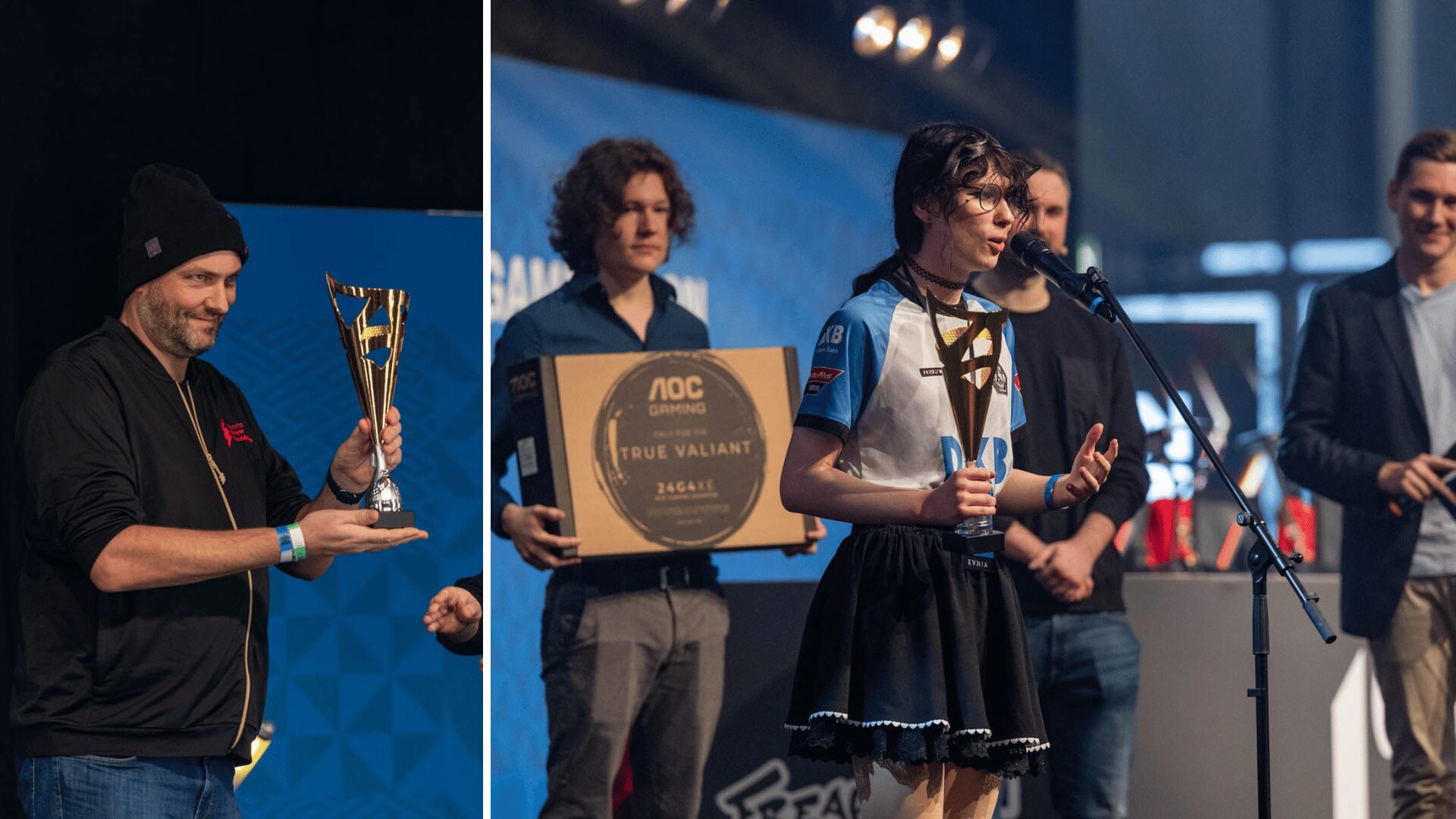 DKB XPERION NXT Vertreter Christian Lenz und Miella Steger holen die gewonnen Esports Awards von Die Techniker Prime League und ihren Prime League Awards auf der Gamevasion Hannover ab.