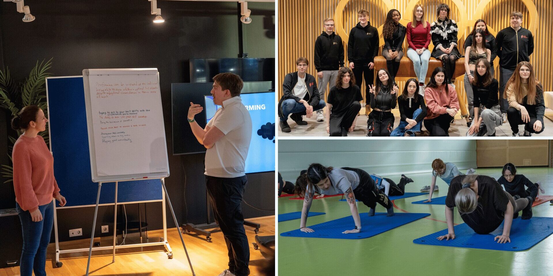 Equal eSports Stipendiatinnen sitzen vor einem Olympia Logo, trainieren Liegestütze und ein Esports Trainer hält einen Vortrag. Equal eSports zu Besuch beim DOSB und Eintracht Frankfurt.