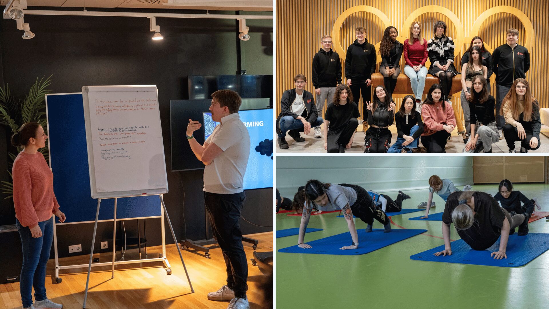Equal eSports Stipendiatinnen sitzen vor einem Olympia Logo, trainieren Liegestütze und ein Esports Trainer hält einen Vortrag. Equal eSports zu Besuch beim DOSB und Eintracht Frankfurt.