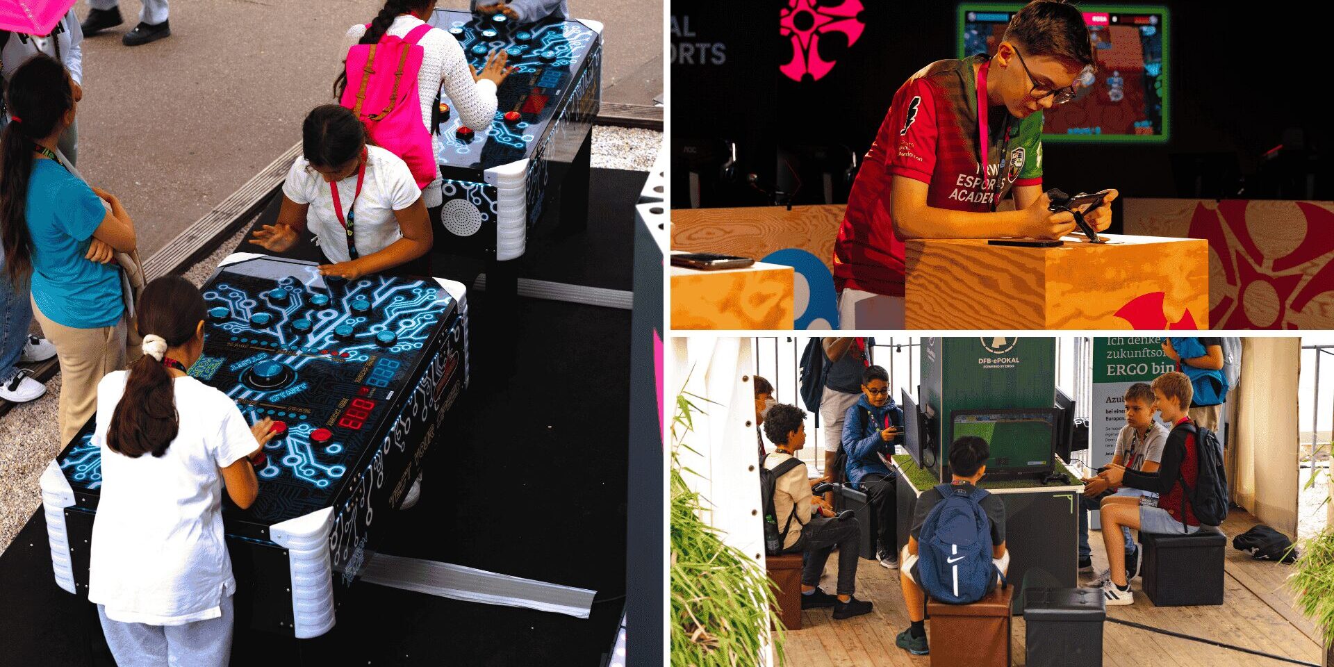 Multipic aus Drei Bilder: Ersteres zeigt Kinder, wie sie ein Reaktionsspiel spielen. Dabei müssen sie auf leuchtende Buzzer drücken. Das näcshte Bild zeigt einen Brawl Stars Spieler, der auf seinem Handy spielt. Zuletzt gibt es noch Kinder, die an einer Konsole spielen.