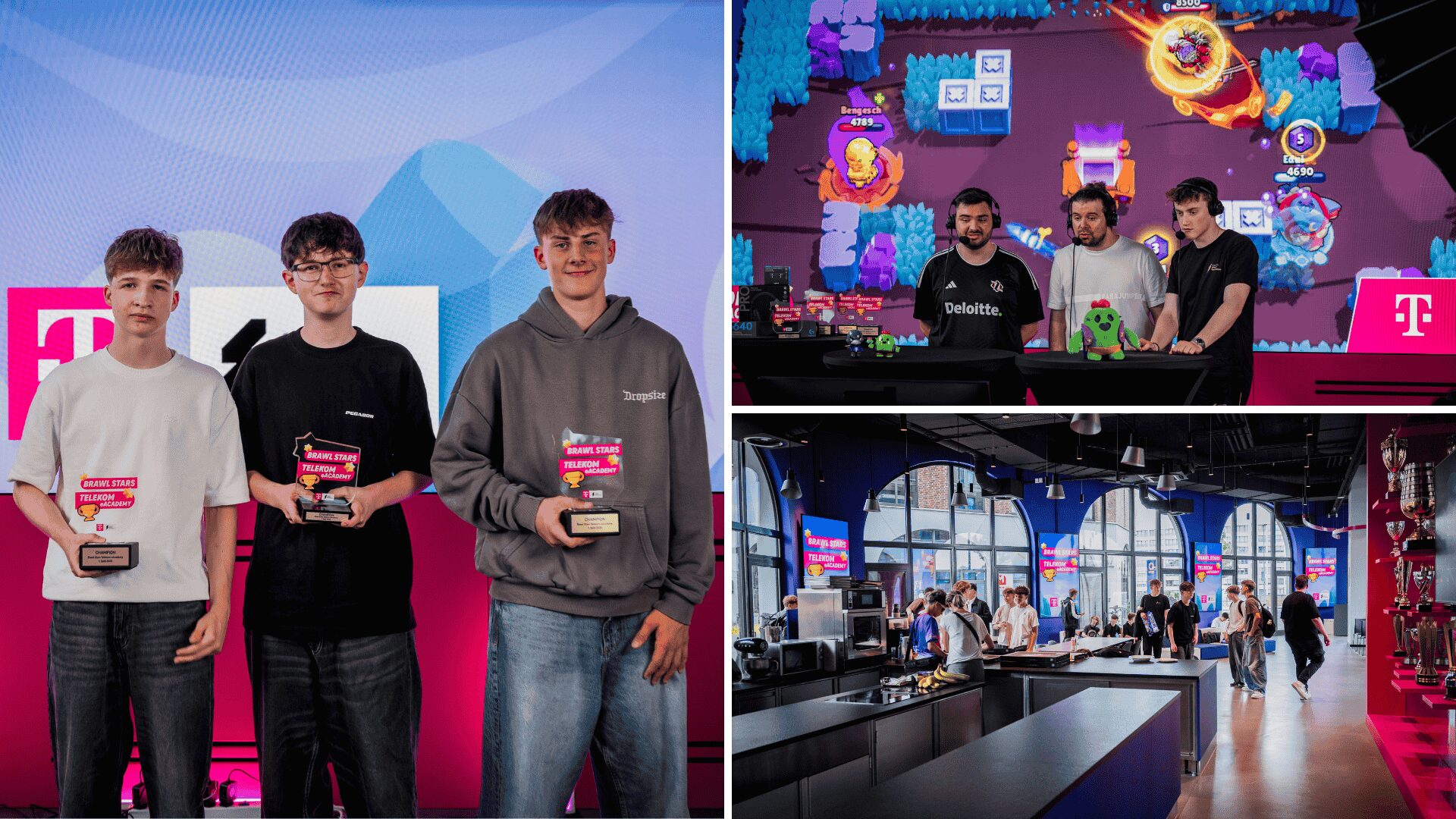 links drei junge Nachwuchstalente, die je einen Pokal in ihren Händen halten, rechts ein bild von Castern mit Gameplay im Hintergrund sowie ein Bild der gefüllten Location
