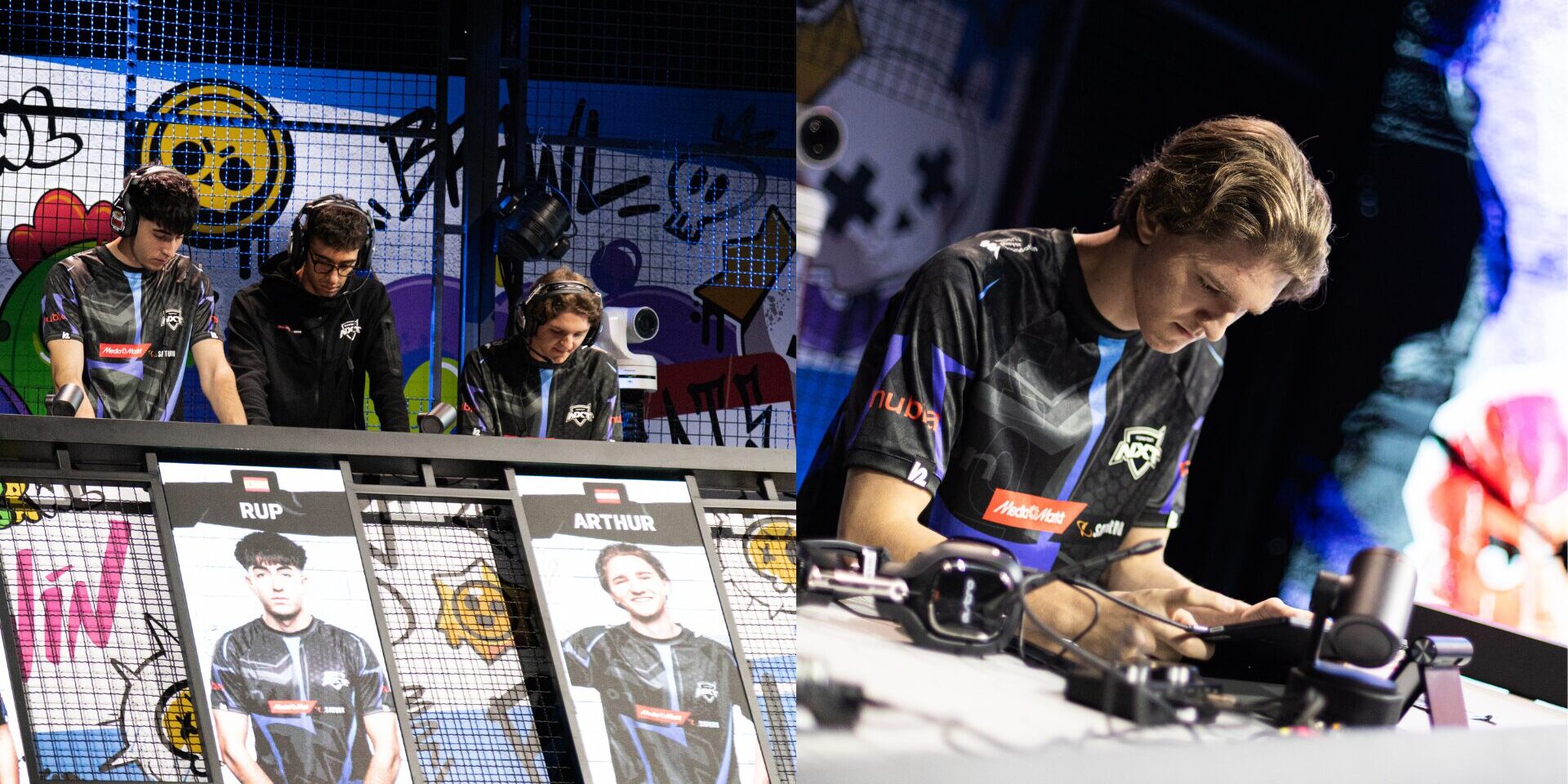 NXT bei den Brawl Stars LCQ Multipic aus zwei Bildern Links eine Aufnahme wie Spieler an einem Setup stehen und auf ein Tablet blicken, rechts Nahaufnahme von Arthur der sich im NXT Trikot auf sein Ipad konzentriert und dazu leicht ehrabblickt