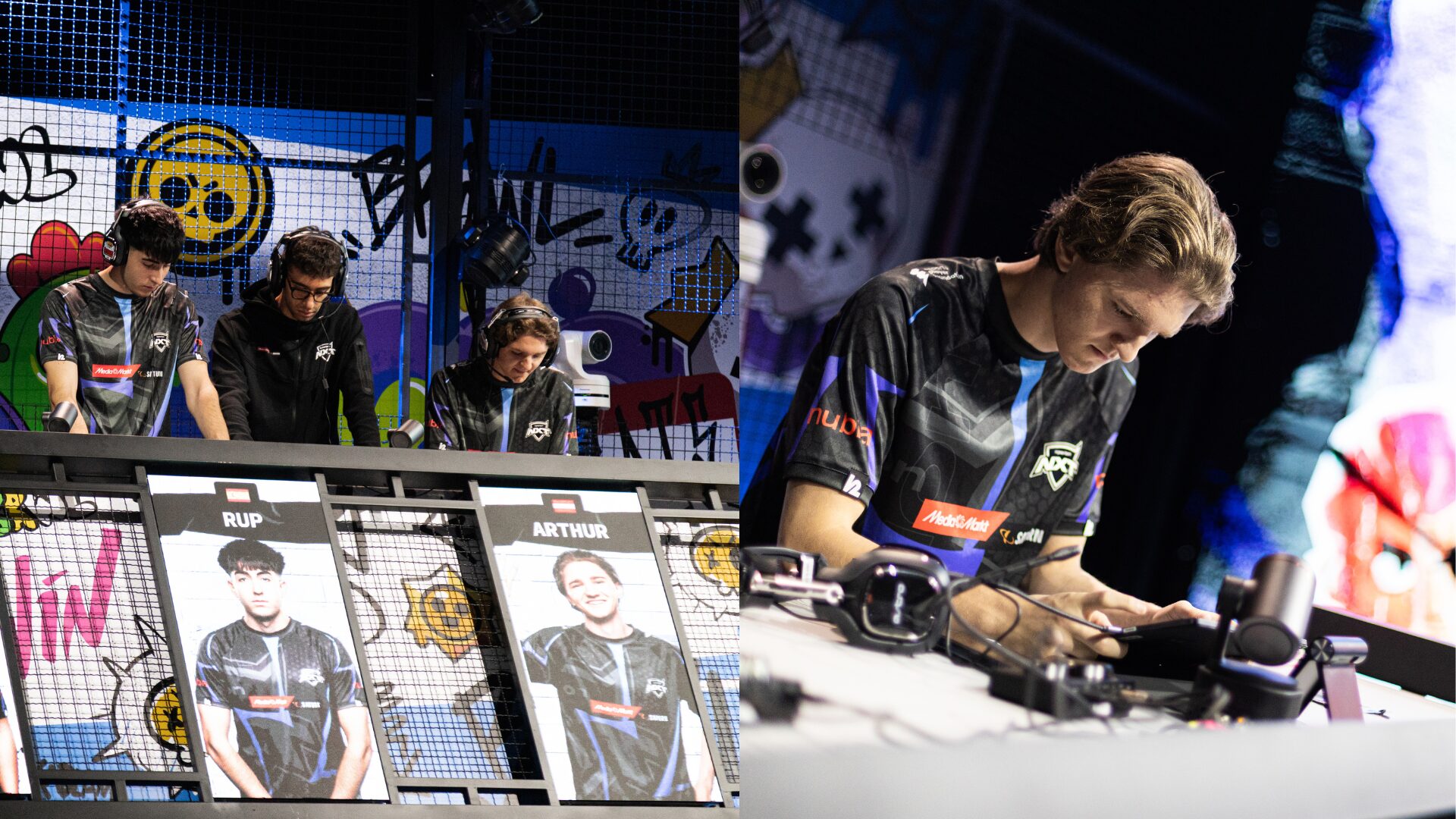 Multipic aus zwei Bildern Links eine Aufnahme wie Spieler an einem Setup stehen und auf ein Tablet blicken, rechts Nahaufnahme von Arthur der sich im NXT Trikot auf sein Ipad konzentriert und dazu leicht ehrabblickt