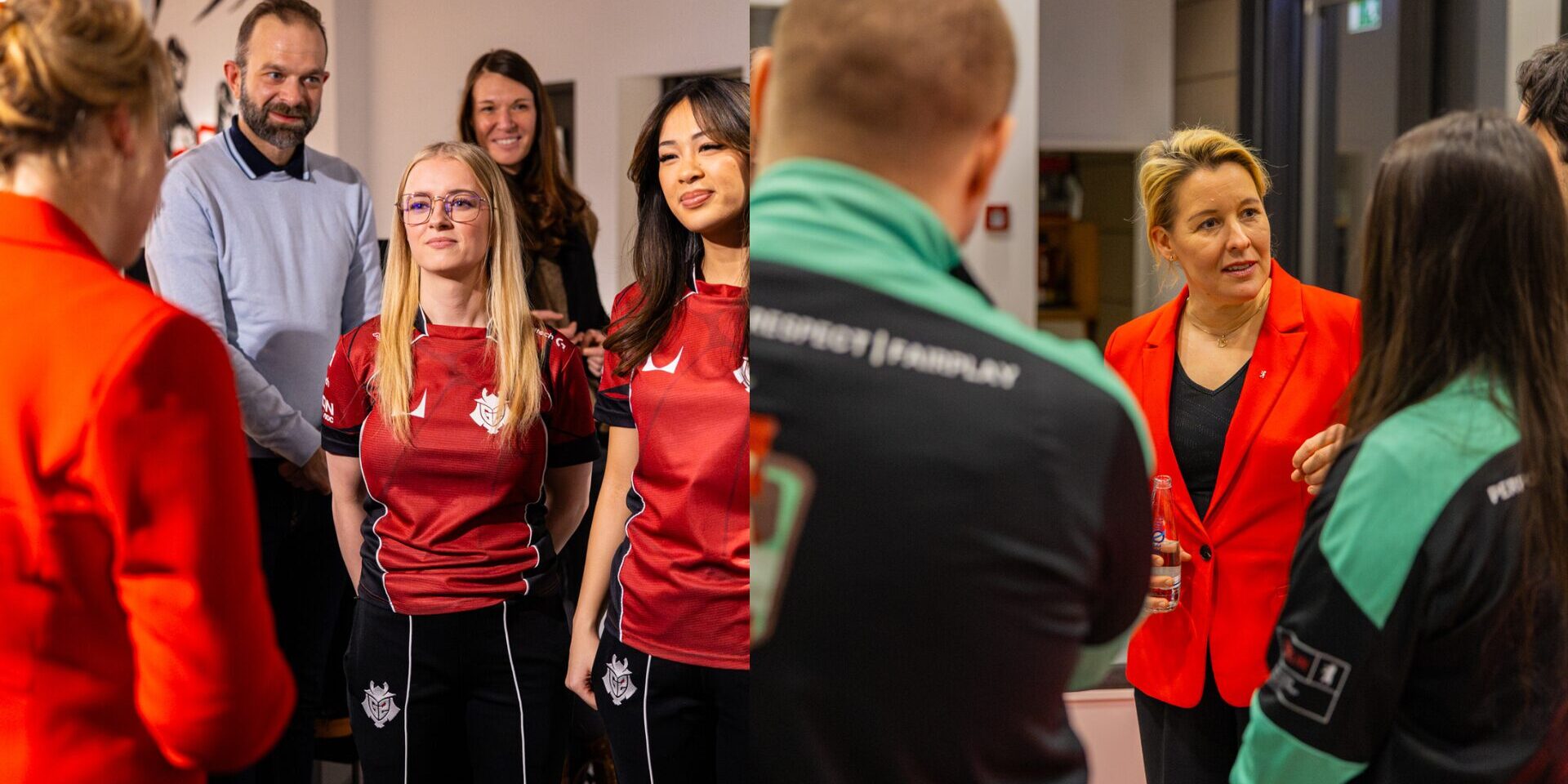 Das Esports Team Berlin war zusammen mit Franziskay Giffey zu Besuch bei G2 Esports in Berlin. Zu sehen ist die Senatorin Franziska Giffey im Austausch mit Talenten des Esports Team Berlin sowie Spieler*innen von G2 Esports