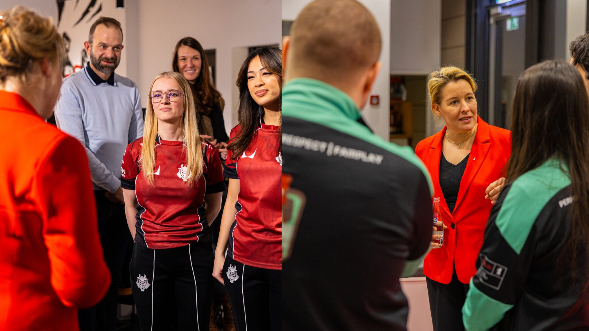 Das Esports Team Berlin war zusammen mit Franziskay Giffey zu Besuch bei G2 Esports in Berlin. Zu sehen ist die Senatorin Franziska Giffey im Austausch mit Talenten des Esports Team Berlin sowie Spieler*innen von G2 Esports