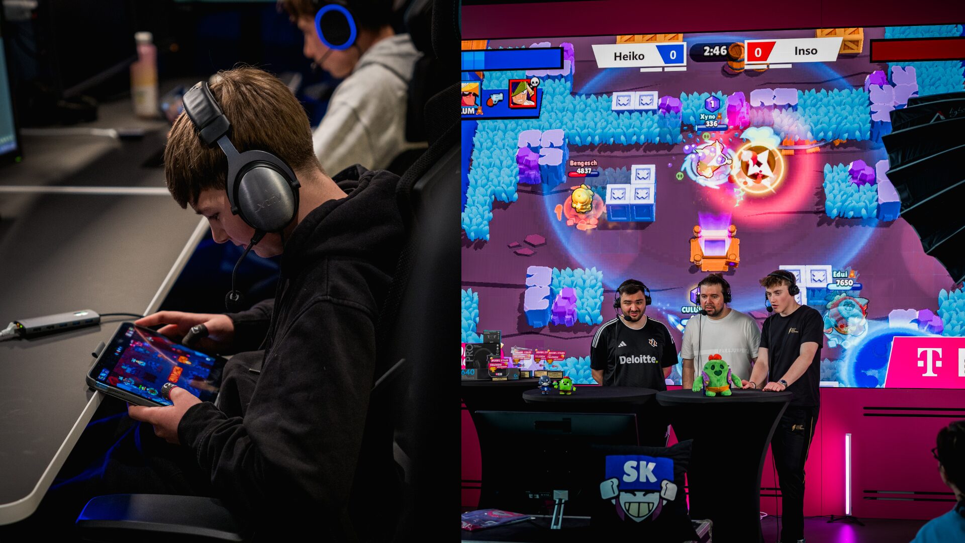 Multipic, links ein Brawl Stars Spieler, der auf sein ipad blickt und rechts eine Aufnahme des Caster Decks, wo 3 Kommentatoren auf einen Bildschirm schauen.